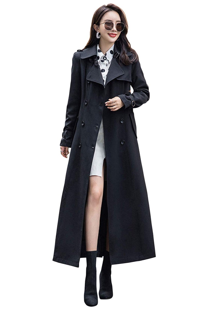 ebossy Women's Double Breasted Duster Trench Coat Slim Full Length Maxi Long Overcoat (X-Small, Black) - Image 1
